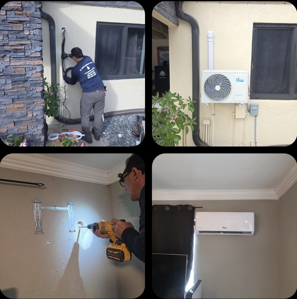 Mr. Martin technicians installing mini split AC indoor and outdoor units at a Hollywood FL home